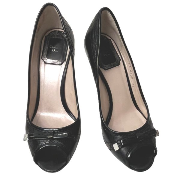 Dior Shoes - Christian Dior Black Quilted Leather, Bows with Metal Charm, Peep Toe Size 34 -4